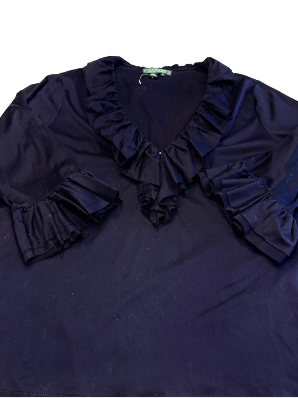 LAUREN Ralph Lauren Ruffle Frill shirt Sz XL 100% cotton Navy Blue NWOT